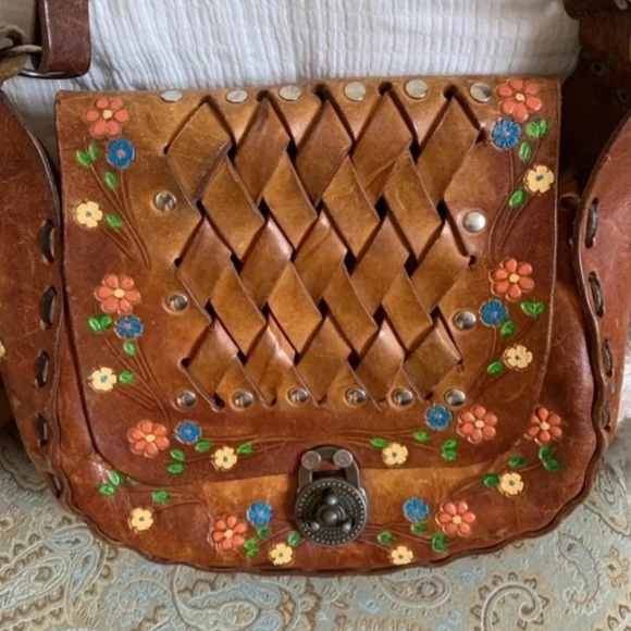 Hand Crafted Handbags - Boho Floral Painted Woven Leather Handbag #Boho #Vintage hippie